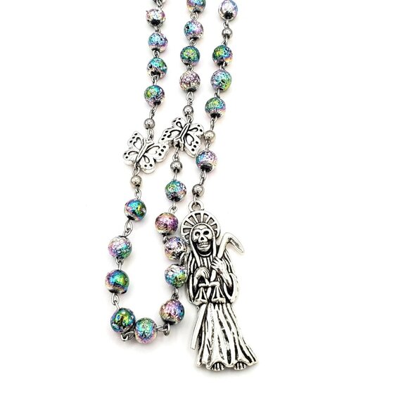 Handmade Electroplate Lava Santa Muerte Rosary Holy Death Amulet Prayer Beads - Picture 4 of 10
